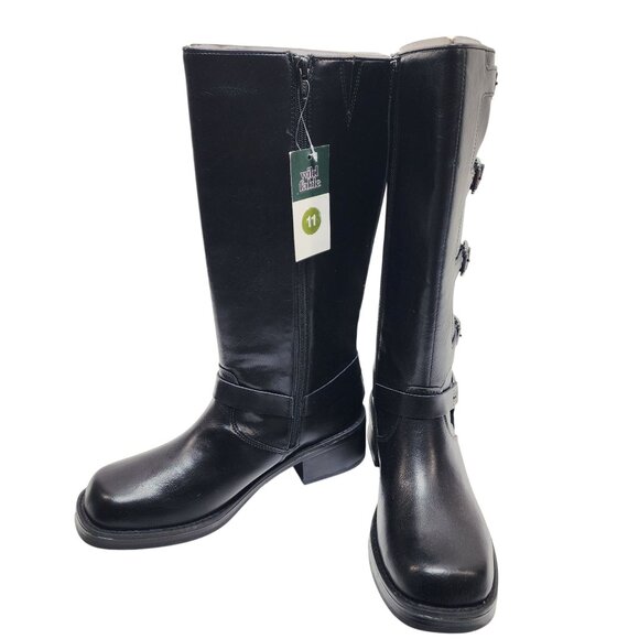 Wild Diva Black Knee-High Buckle Boots Size 11 With Side Zipper Faux Leather - Picture 4 of 9